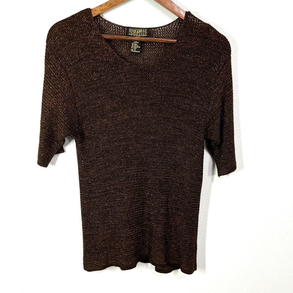 Suzelle Golden Shimmer Knit Sweater Silk Blend Womens Small Brown Party Preppy